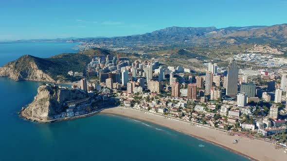 Spanish City Benidorm Buildings and Sandy Beach Poniente. Aerial View.