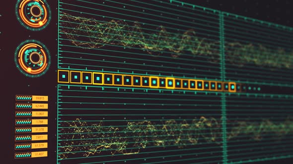 Advanced futuristic graphic interface. Displays abstract diagrams and charts.