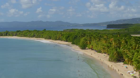 Aerial of tourist on beautiful sea coast at Grande-Anse, les Saintes