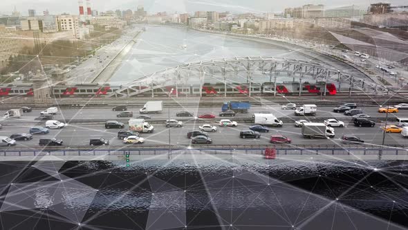 Freeway and Railway Bridge Over the River in Technology City. Moscow Traffic at Futuristic Style