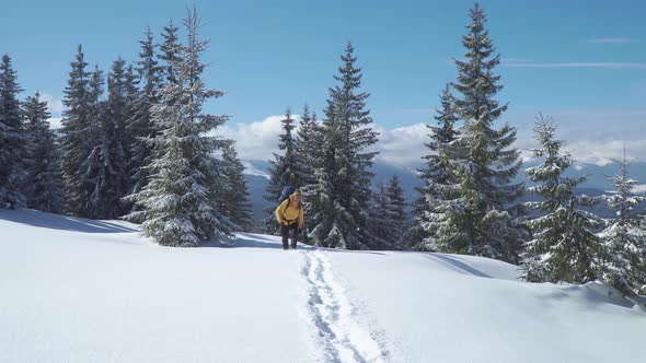 Man Backpacker Tourist Walking Snow Landscape