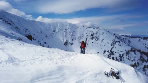 Climbers Walking Up Mountain Expedition Aerial Flight Epic Mountain Range Climb To Success Beautiful