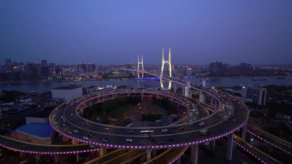 Aerial view of Nanpu Bridge, Shanghai Downtown, China. Financial district and business centers