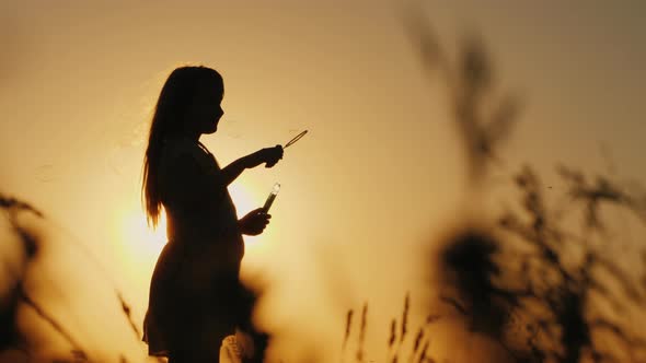 Silhouette of a Girl Playing with Soap Bubbles in the Tall Grass at Sunset