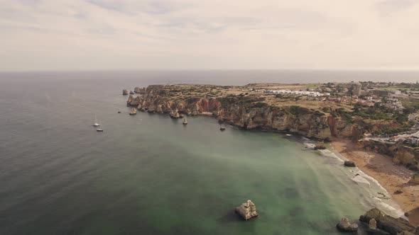 Panoramic view of Algarve coastline. Beach and cliffs, Lagos, Portugal