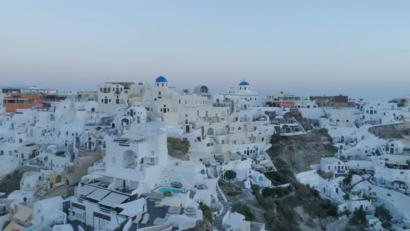 Aerial View Flying Over City of Oia on Santorini Greece