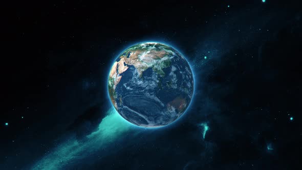 Earth in space with epic blue cosmos and stars. Planet Earth slowly rotating in solar system. Cosmos alt