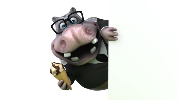 Fun 3D cartoon hippo with an ice cream