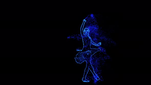 Ballerina of Blue and Gold Particles Performs a Dance Element From Classical Ballet