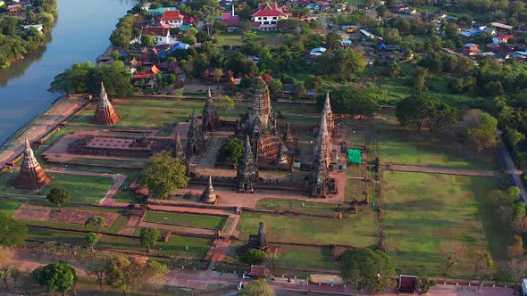 Aerial View of Wat Chaiwatthanaram Famous Ruin Temple Near the Chao Phraya River in Ayutthaya