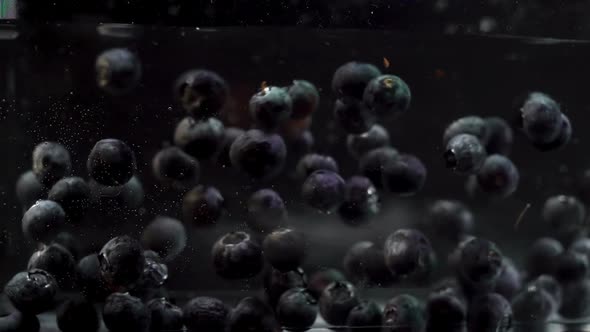 Blueberries slowly moving in a tank full of liquid on a dark background