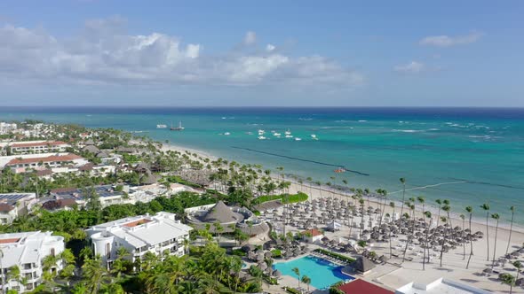 Paradisus Palma Real Resort seafront, Punta Cana in Dominican Republic. Aerial panoramic view