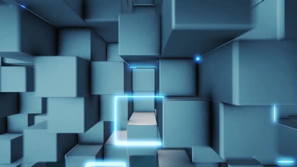 Flying blue cubes in three-dimensional space and flashes of light