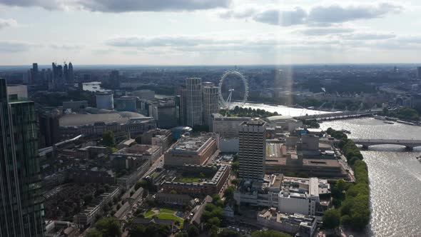 Aerial Panoramic View of National Theatre Royal Festival Hall and London Eye Tourist Attraction on