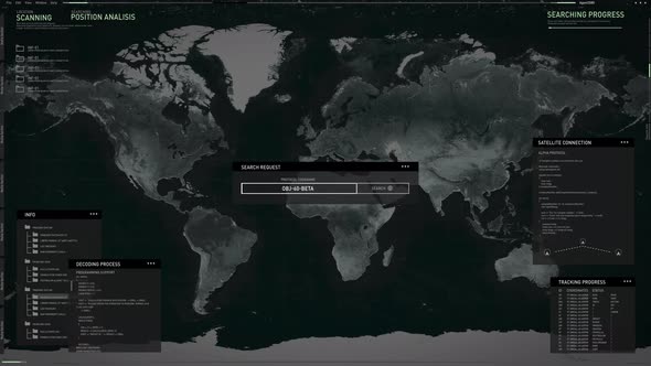 Log into a secret spy system. Target in Shanghai, China. Computer UI. World map.