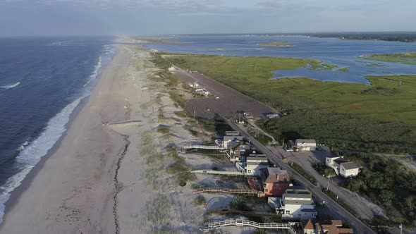 Aerial of Moriches Bay and a Beach in Westhampton New York