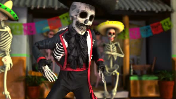 Mariachi skeleton dancing salsa in a Mexican village