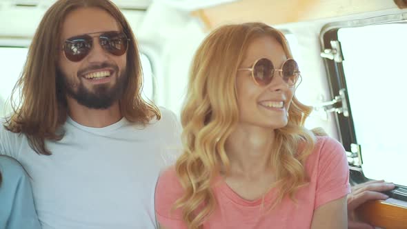 Friends Traveling In Car In Summer, Having Fun. Happy Smiling Young Friends Enjoying Summer