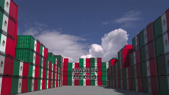 Many Containers with MADE IN MEXICO Text and National Flags alt