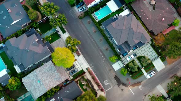 Residential houses roofs from drone's point of view. Top down. USA