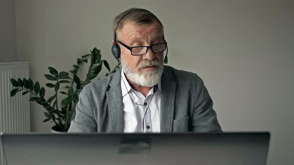 Smiling Elderly Man Employee Talk Speak Engaged in Online Conference Using Computer Gadget