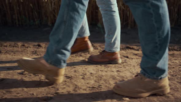 Closeup Farmer Legs Walking Dry Ground Road