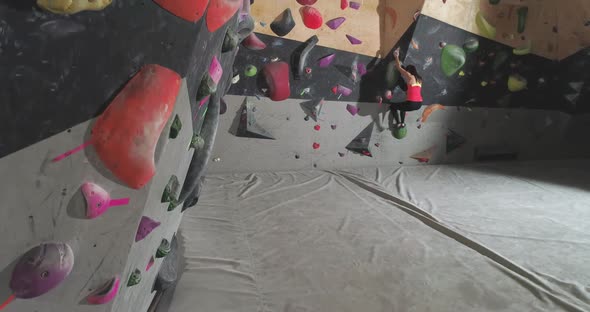 Wellness Female Climber Training on a Climbing Wall Young Woman Practicing Rockclimbing Mountaineer