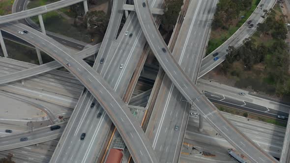 AERIAL: Slowly Circling Over Judge Pregerson Huge Highway Connection Showing Multiple Roads, Bridges