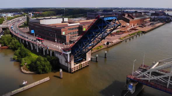 Bridge Over The River Noord At Alblasserdam Is Opening In The Netherlands - aerial view