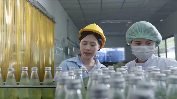 Asian Female supervisor inspecting bottle of herb drink production line
