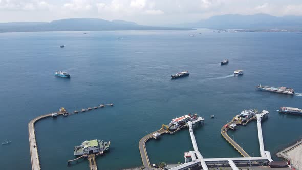 Aerial view of Port in Banyuwangi Indonesia with ferry in Bali Ocean