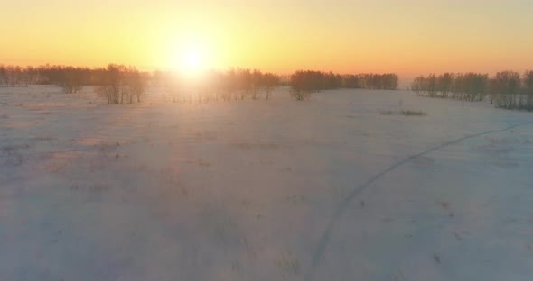 Aerial Drone View of Cold Winter Landscape with Arctic Field, Trees Covered with Frost Snow 