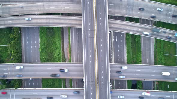 drone flying over interchange and multi junction road