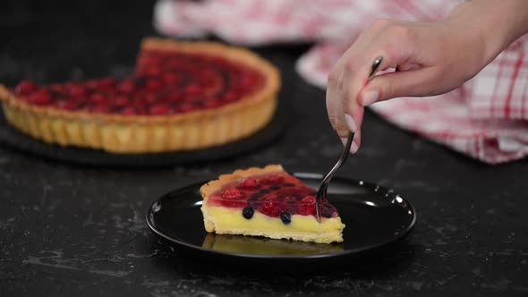 Piece of Berry Tart with Custard and Jelly