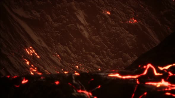 Red Orange Vibrant Molten Lava Flowing Onto Grey Lavafield and Glossy Rocky Land alt