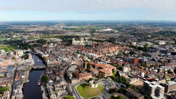 Aerial footage of the town of York located in North East England in the UK