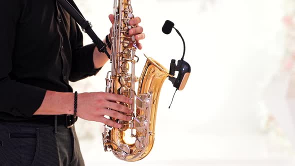 Saxophonist in black shirt and trousers plays jazz on golden saxophone with microphone. 