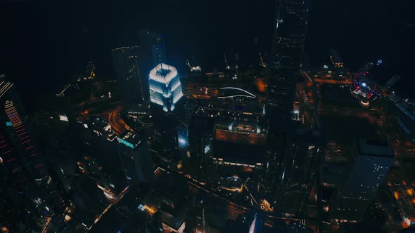 Aerial View Office Building at Night in Hong Kong