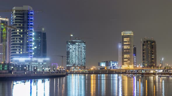 Dubai Business Bay Towers Night Timelapse