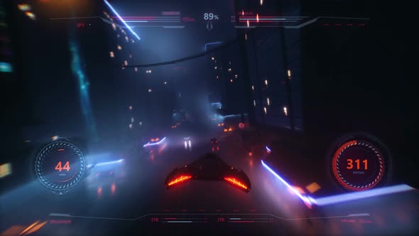 Speed spaceship racing 3D Video game with HUD, Neon style city