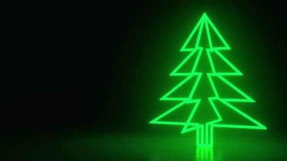 Christmas trees, green neon glow icon on darkness black background