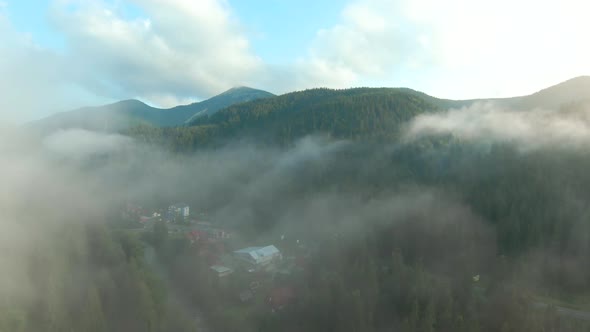 Flight Over a Mountain Resort Among the Coniferous Forest