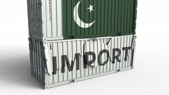 Container with Flag of Pakistan Breaks Container with IMPORT Text