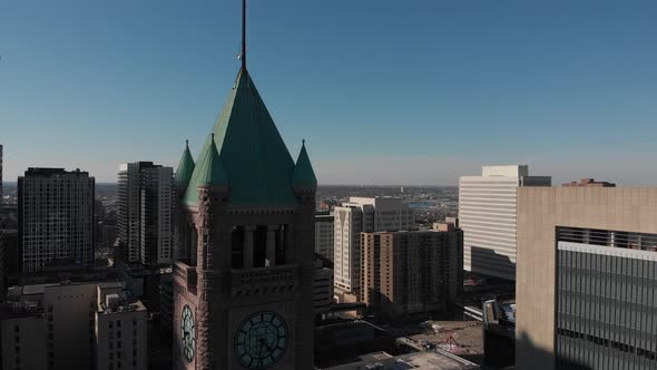 aerial footage of a clock building in downtown Minneapolis
