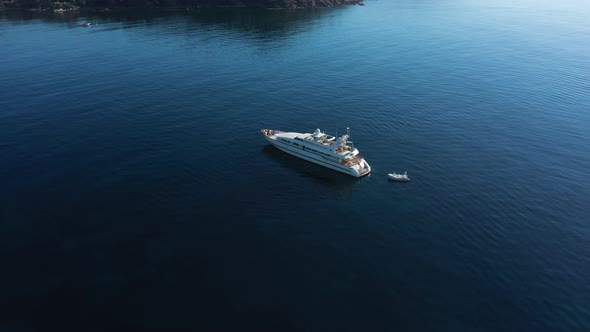 Aerial view of a yacht along the coast, Saint Tropez, France.