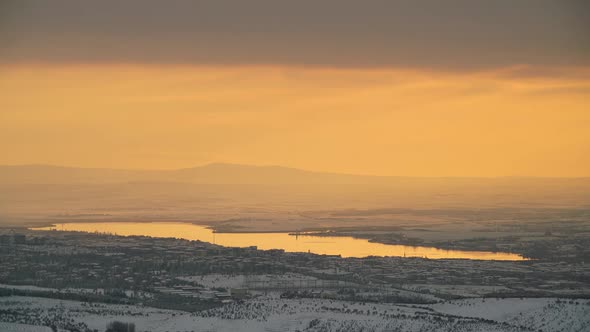 8K Snowy City By The Lake In Winter