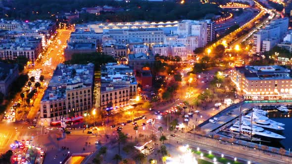 Cityscape of Barcelona at night, Spain