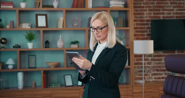 Businesswoman Manager Holding Using Digital Tablet Computer Technology Working Online