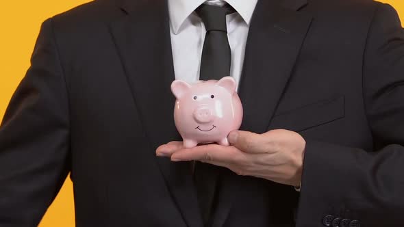 Banker Holding Piggybank With Both Hands, Reliability and Security of Investment