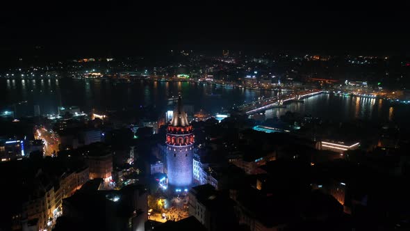 Golden Horn And Galata Tower Aerial View At Night